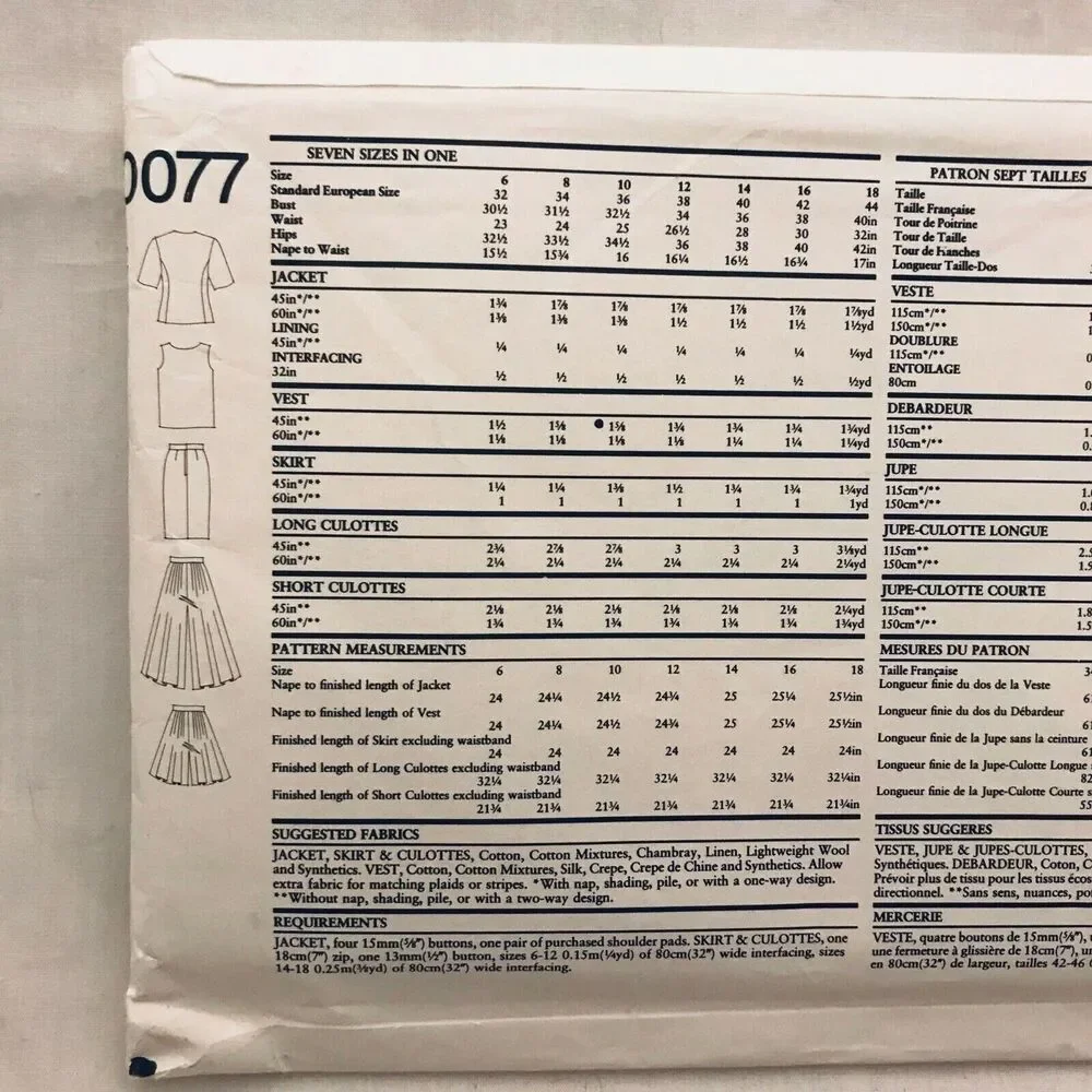 #0077 New Look skirt,jacket, top shorts UNCUT VITG 1980 sewing pattern SIZE 6-18